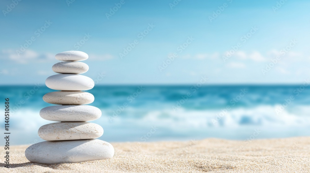 Tranquil Beach Scene with Balanced White Pebbles Stacked on Sandy Shore Against Clear Blue Ocean and Sky, Symbolizing Calm and Zen Meditation Tranquil Beach Scene with Balanced White Pebbles Stacked on Sandy Shore Against Clear Blue Ocean and Sky, Symbolizing Calm and Zen Meditation