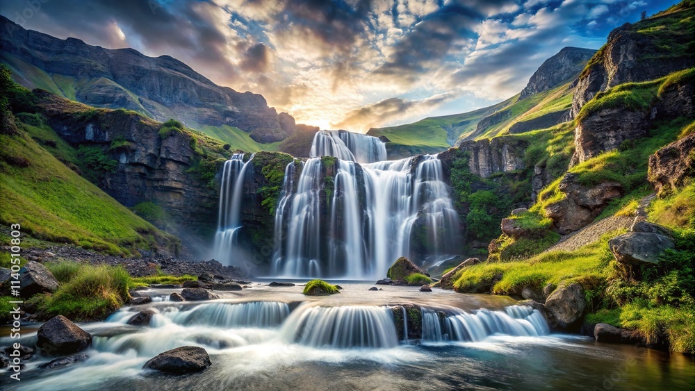 surreal cascading waterfall in mountain scenery surreal cascading waterfall in mountain scenery