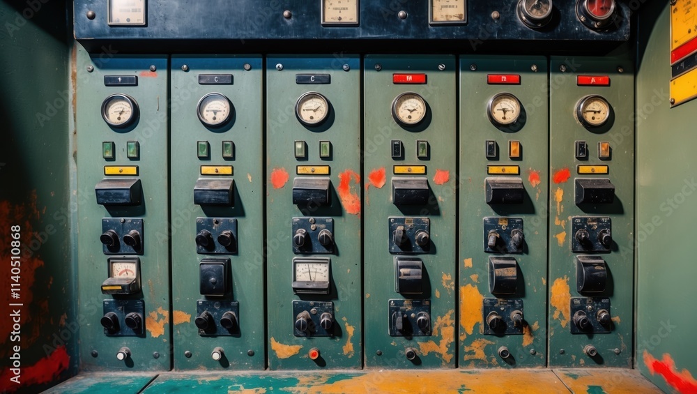 Control panel with rusted knobs and gauges, showcasing vintage ...