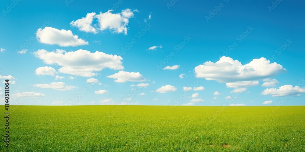 Fototapeta premium Serene Landscape of Vibrant Green Field Under a Bright Blue Sky with Fluffy White Clouds