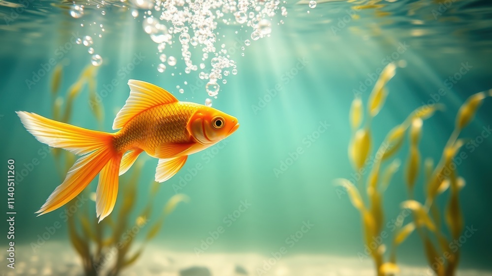 A vibrant orange goldfish swims gracefully amidst underwater plants, ascending towards the surface, air bubbles trailing behind it. A vibrant orange goldfish swims gracefully amidst underwater plants, ascending towards the surface, air bubbles trailing behind it.