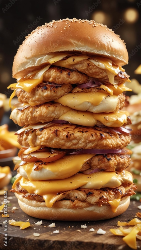 Chicken burger with melted cheese and caramelized onions on a sesame seed bun, lunch, chicken burger, grilled chicken Chicken burger with melted cheese and caramelized onions on a sesame seed bun, lunch, chicken burger, grilled chicken