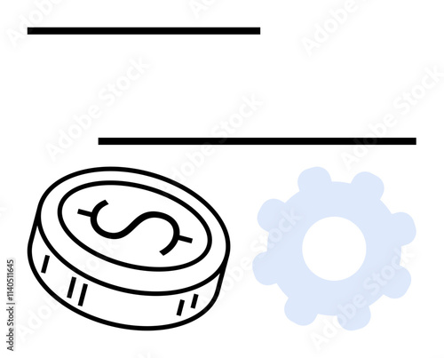 Coin with dollar sign next to a gear under two horizontal lines. Ideal for financial operations, business synergy, savings, economic planning, automation, fintech solutions, strategic management