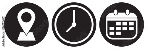 Address, Time, Date icon. Address location icon. Stopwatch timer icon. Date Calendar icon. Vector illustration.