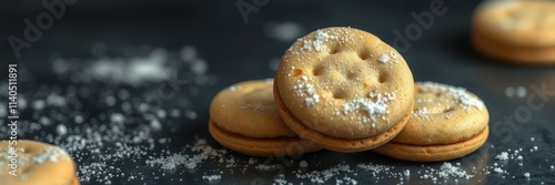 Delicious golden cookies stacked on a dark surface with powdered sugar sprinkled around them photo