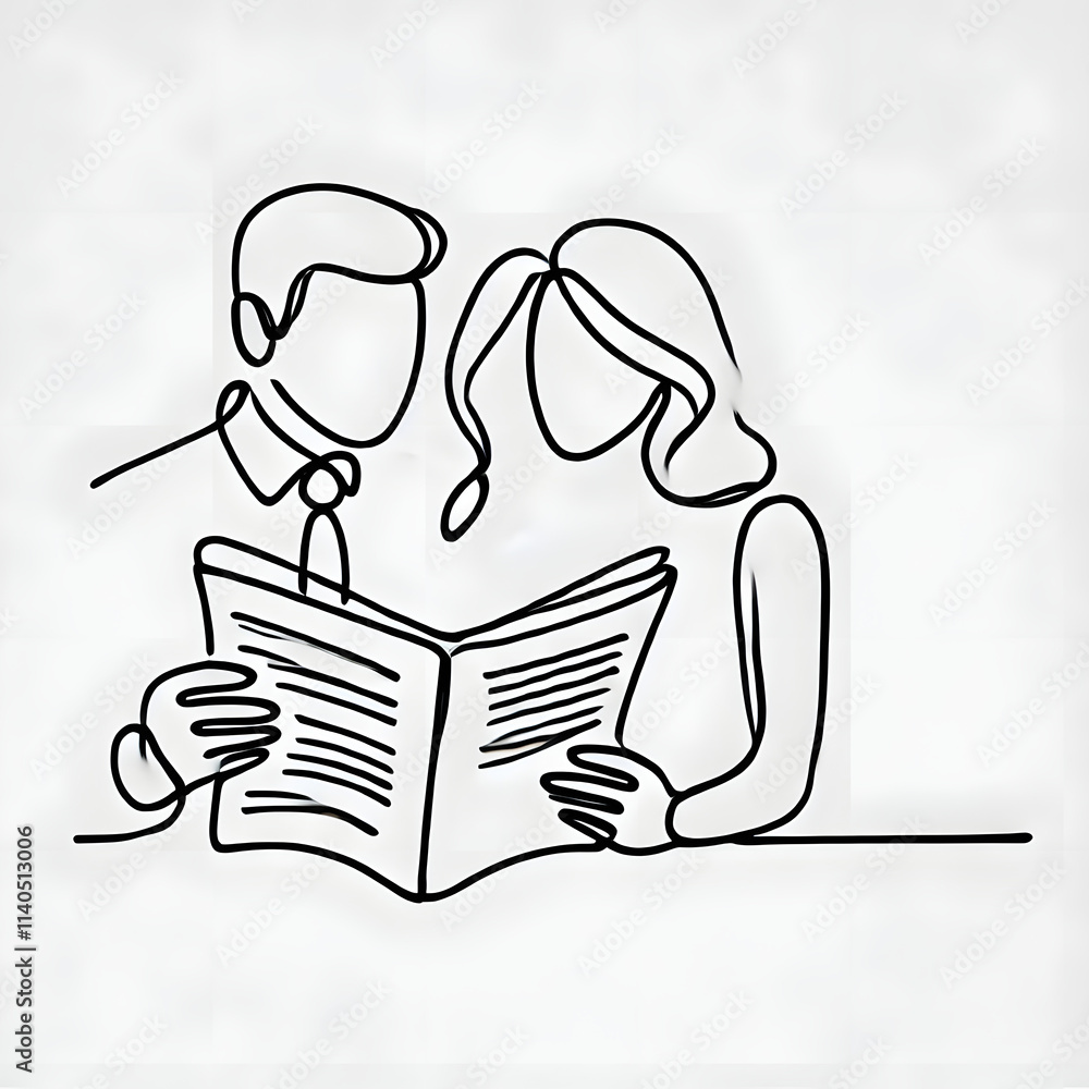 custom made wallpaper toronto digitalCouple news reading in a simple continuous line drawing on a plain white background with a modern minimalist style