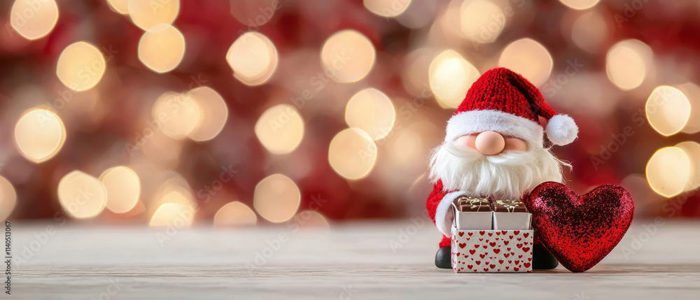 Fototapeta premium Festive Santa figure with a heart and gift on a blurred bokeh background.