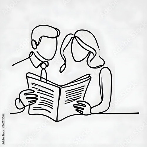 Wallpaper Mural Couple news reading in a simple continuous line drawing on a plain white background with a modern minimalist style Torontodigital.ca