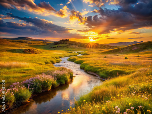 serene landscape features winding river through lush green fields, illuminated by vibrant sunset. sky is filled with colorful clouds, creating peaceful atmosphere photo