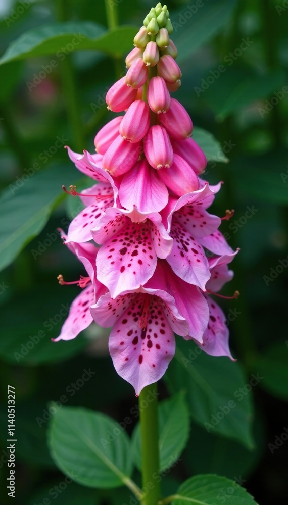 Fototapeta premium Pink Digitalis flower with prominent purple blotches on its petals against a natural foliage background, botanical, digitalis