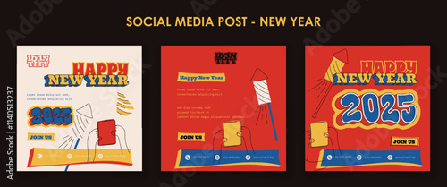Set of social media post template with retro concept design and new year typography template