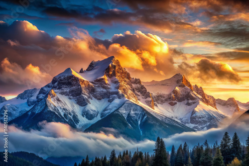 Majestic mountain range with snow capped peaks and vibrant sunset clouds, surrounded by lush forests and mist. breathtaking natural landscape photo