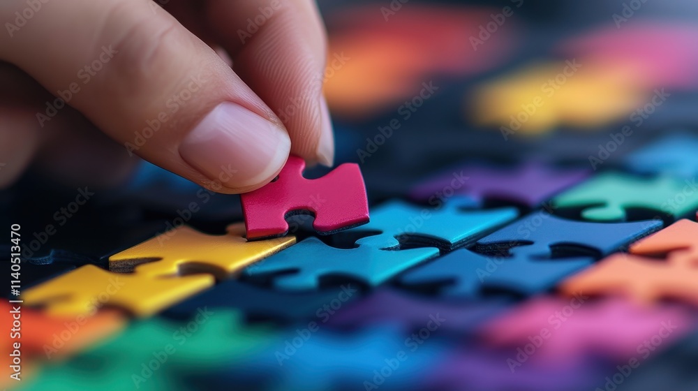 Fototapeta premium Risk analysis method. A hand placing a colorful puzzle piece onto a vibrant puzzle background.