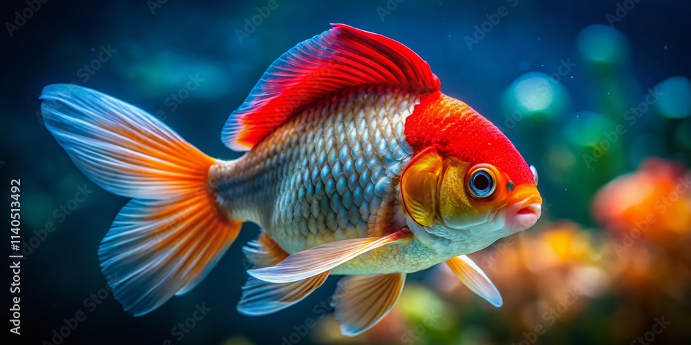 Obraz premium Macro Photography: Stunning Red Cap Oranda Goldfish, Close-Up Details, Aquatic Life, Vibrant Scales, Fin Details, Goldfish Portrait