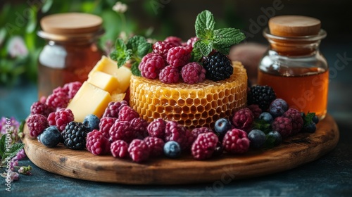Fresh berries, honey, and honeycomb arranged on a wooden platter for a health...