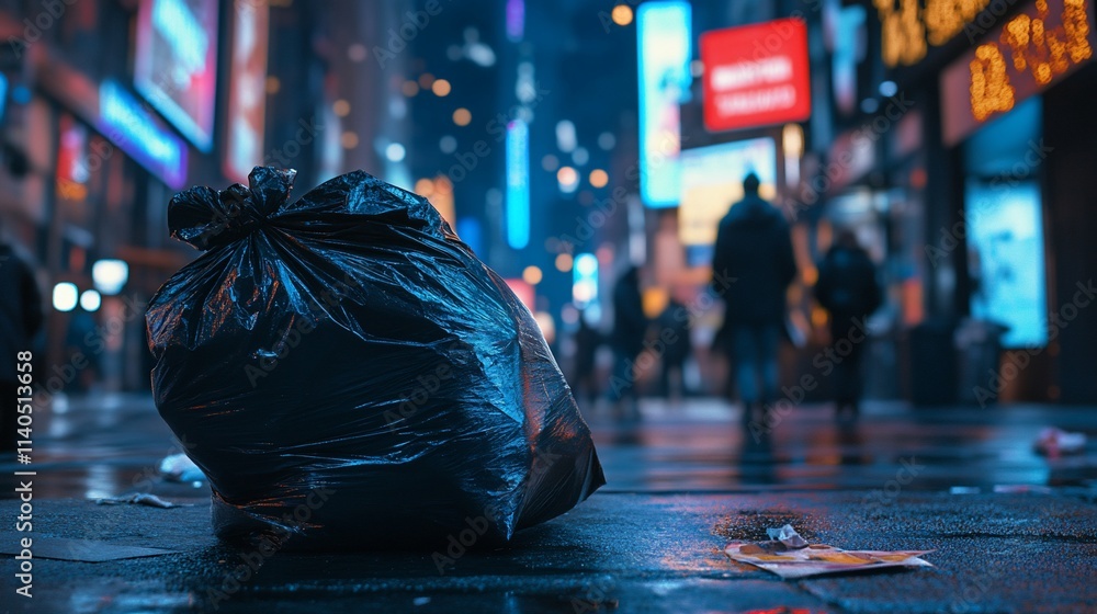 Obraz premium A black garbage bag sits on a wet city street at night, with blurred city lights and pedestrians in the background.