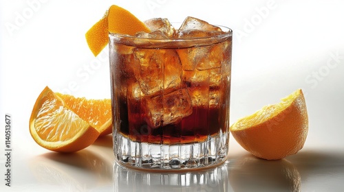 Refreshing cocktail served with ice and citrus garnish in a dark setting