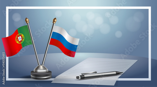 Portugal and Russian Federation National flags on small table with bokeh background, cooperative relationship