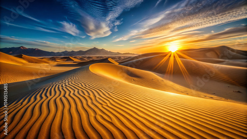 Golden sand dunes stretch towards sky, illuminated by stunning sunset. landscape showcases intricate patterns and vibrant colors, creating serene and breathtaking scene