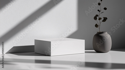 Minimalist Product Box Mockup: A sleek, blank white box sits on a pristine surface, bathed in sunlight, next to a stylish vase with dark foliage. Perfect for showcasing your product! photo