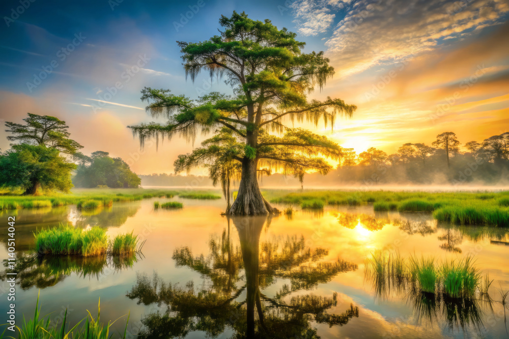 serene wetland landscape at dawn, featuring majestic tree reflected in calm waters. vibrant colors of sunrise illuminate scene, creating peaceful atmosphere serene wetland landscape at dawn, featuring majestic tree reflected in calm waters. vibrant colors of sunrise illuminate scene, creating peaceful atmosphere