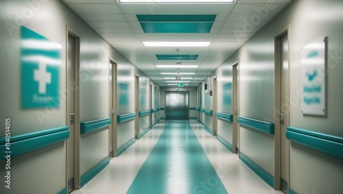 Bright, clean hospital corridor with teal accents and fluorescent lighting, showcasing closed doors and directional signage for medical departments