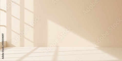 Cream-colored Room Interior with Sunlight Streaming Through Window Casting Shadows on Walls and Floor