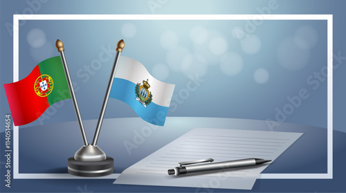 Portugal and San Marino National flags on small table with bokeh background, cooperative relationship