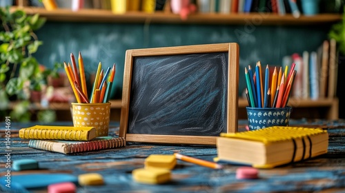 Creative workspace with colorful stationery and chalkboard in a cozy setting