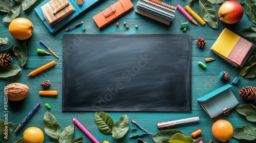 Creative workspace with colorful stationery and chalkboard in a cozy setting