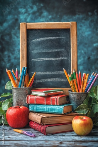 Creative workspace with colorful stationery and chalkboard in a cozy setting