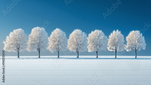 Winter landscape features snow covered trees under a clear blue sky
