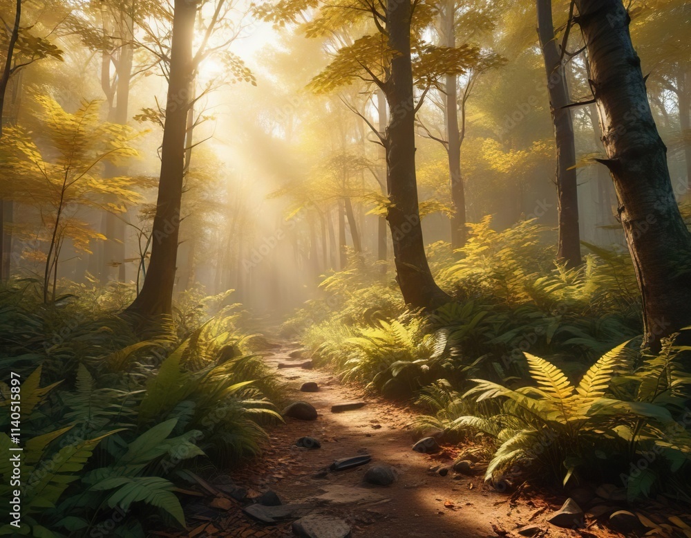 Obraz premium Dense forest with golden light filtering through the leaves, rural countryside, serene atmosphere