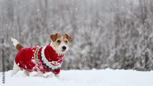 Dog playing with orange ring in park. Wirehaired Jack Russell Terrier jumping for toy. Pet in red New Year sweater against winter trees background. Cold snowy winter weather. Christmas concept