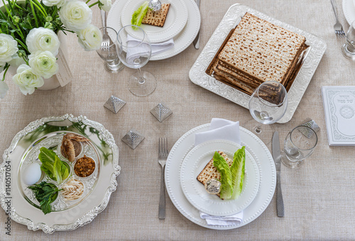 Festive Passover table setting . Pesach celebration	 photo