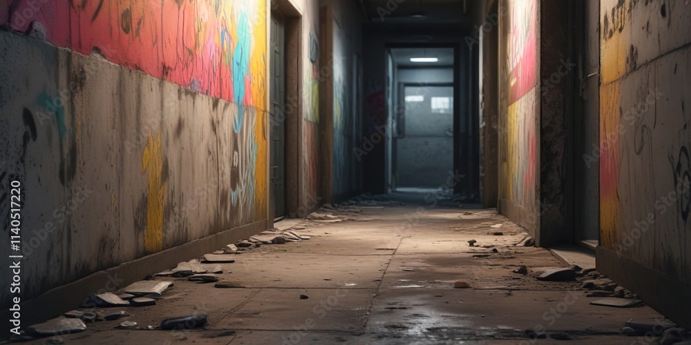 Fototapeta premium Dusty, dimly lit hallway with cracked concrete floor and faded graffiti, graffiti, broken glass
