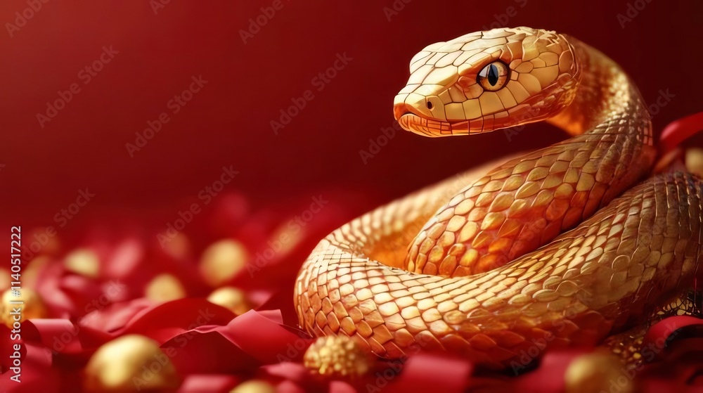 Golden snake coiled on red background with gold spheres. Golden snake coiled on red background with gold spheres.