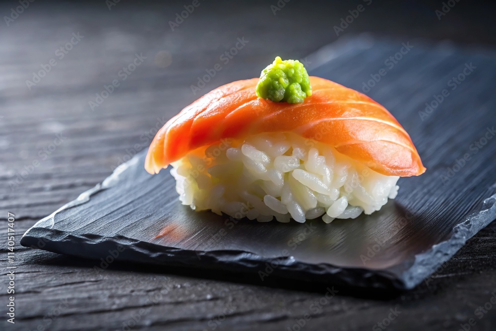 Sushi on black slate plate with wasabi and ginger garnish Sushi on black slate plate with wasabi and ginger garnish