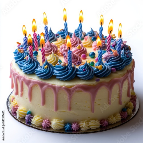 Colorful birthday cake decorated with candles and frosting for a festive cele...