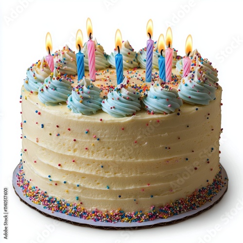 Colorful birthday cake decorated with candles and frosting for a festive cele...