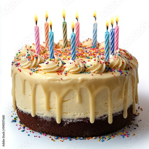 Colorful birthday cake decorated with candles and frosting for a festive cele...