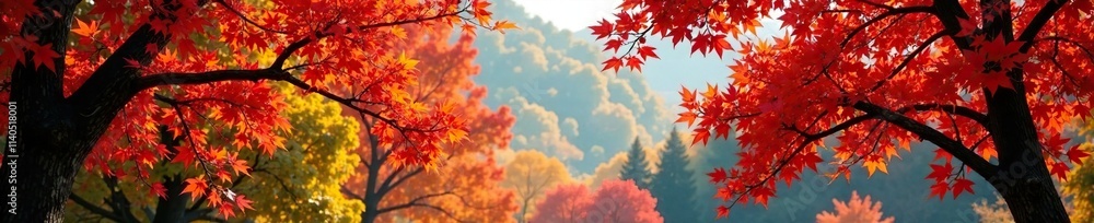 Foliage in autumn colors with a prominent red tree as foreground, autumnal, tree Foliage in autumn colors with a prominent red tree as foreground, autumnal, tree