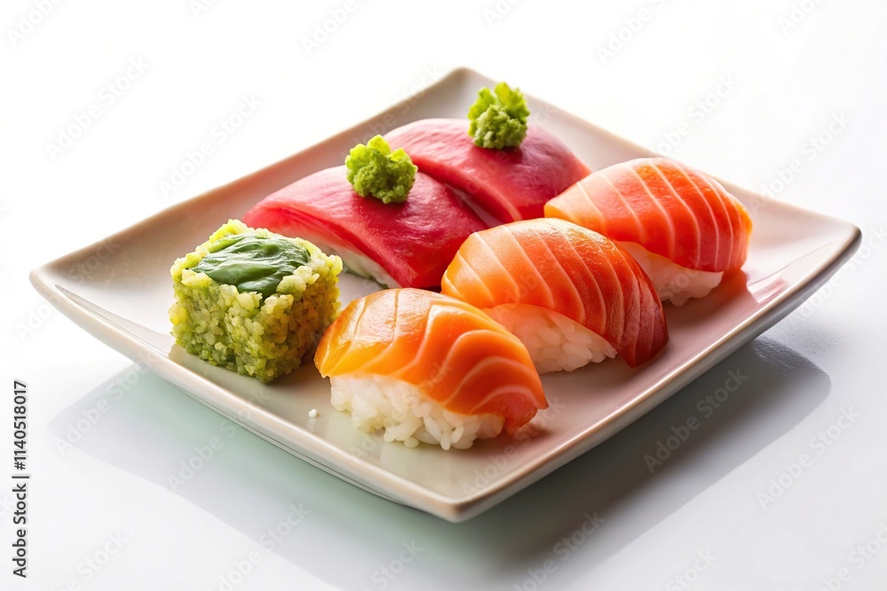 Sushi with red fish on white plate with pickled ginger and wasabi Sushi with red fish on white plate with pickled ginger and wasabi