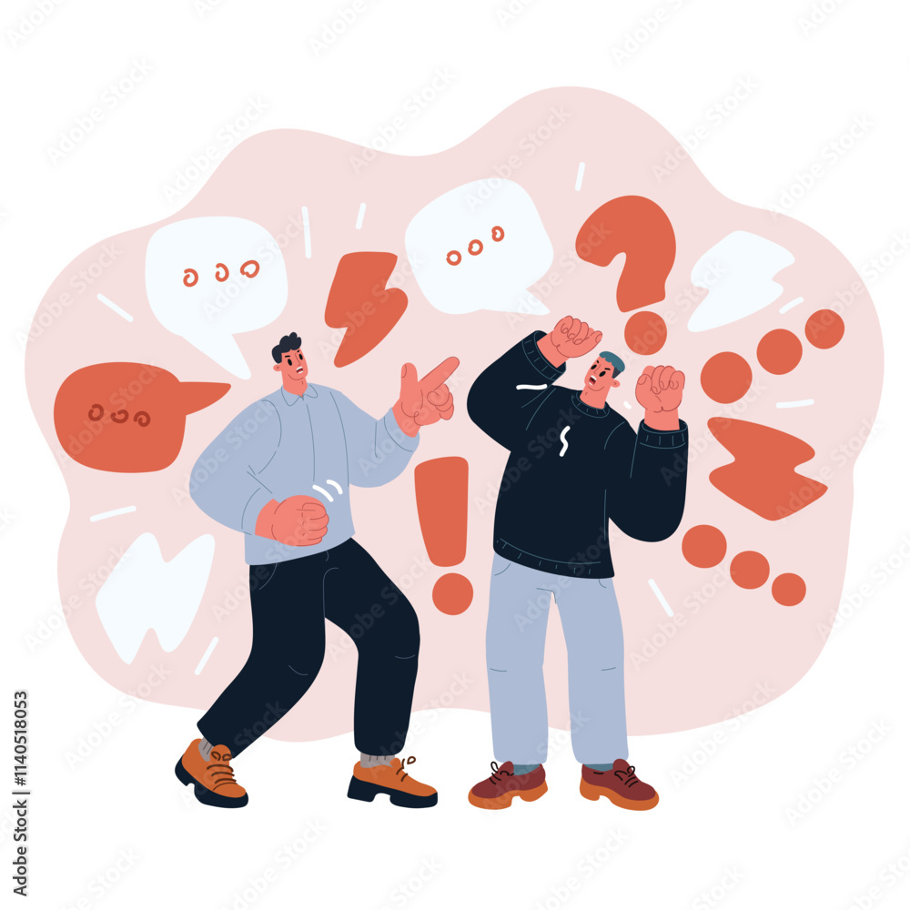 Cartoon vector illustration of two men arguing with each other, symbolizing conflict, tension, and disagreement. Cartoon vector illustration of two men arguing with each other, symbolizing conflict, tension, and disagreement.