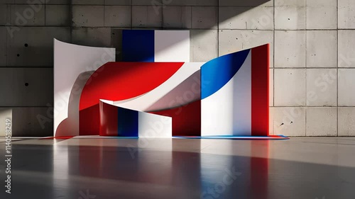 Modern Abstract Installation with Red, Blue, and White Curved Shapes in Minimalist Concrete Space

 photo