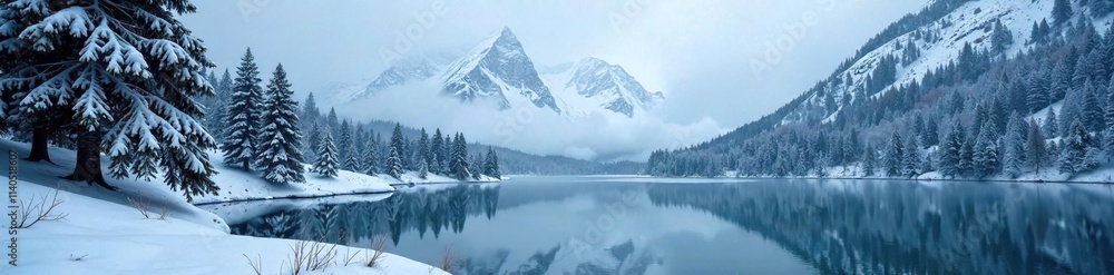 Snowy pine forest landscape, lake in the mountains with frozen trees, tranquil environments, peaceful nature Snowy pine forest landscape, lake in the mountains with frozen trees, tranquil environments, peaceful nature