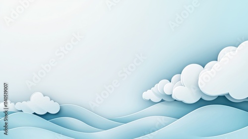 Serene Blue Waves and Fluffy Clouds in a Soft Sky, Perfect for Backgrounds, Illustrations, and Relaxation Themes in Art and Design Projects