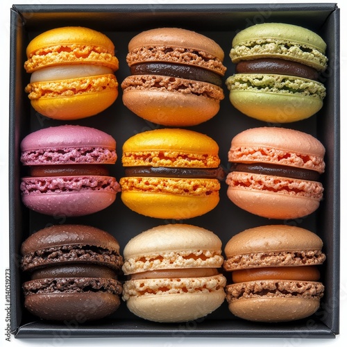Colorful macarons arranged beautifully in a box capturing sweet flavors and t...