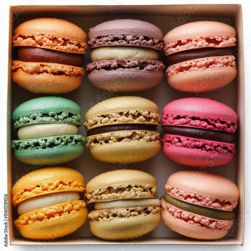 Colorful macarons arranged beautifully in a box capturing sweet flavors and t...