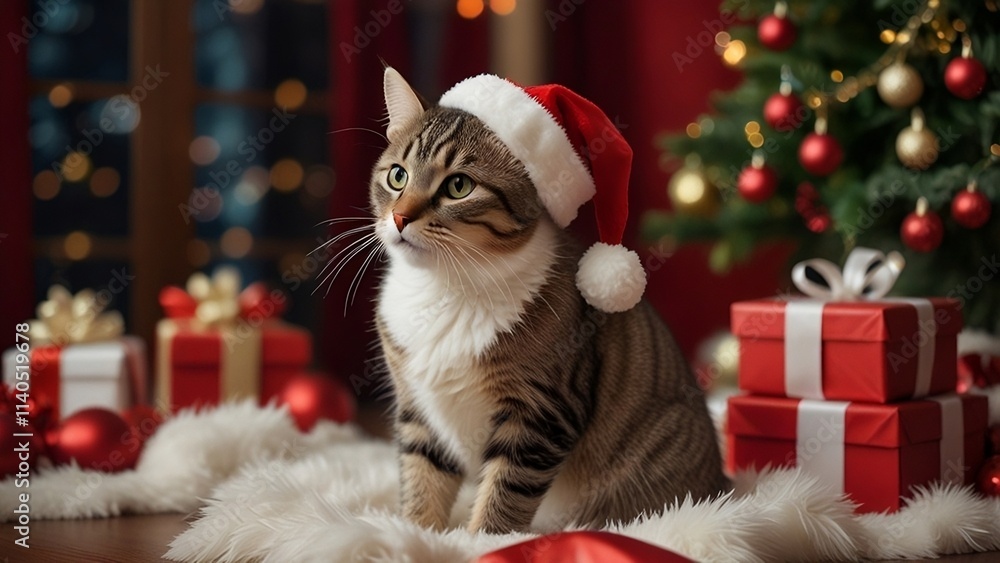 Festive Tabby Cat In Santa Hat With Christmas Tree And Gifts Festive Tabby Cat In Santa Hat With Christmas Tree And Gifts
